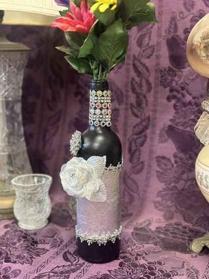 Decorative Glass Wine Bottle Black And Tin & Embellished