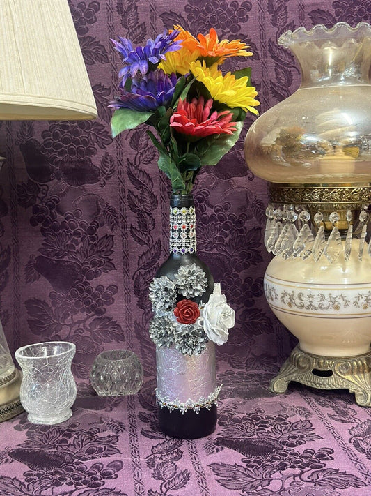 Decorative Glass Wine Bottle Black And Tin & Embellished