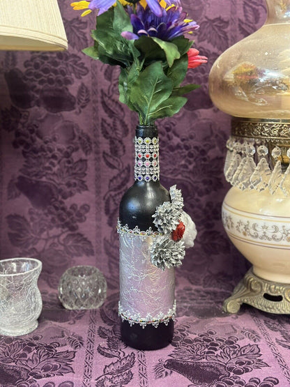 Decorative Glass Wine Bottle Black And Tin & Embellished