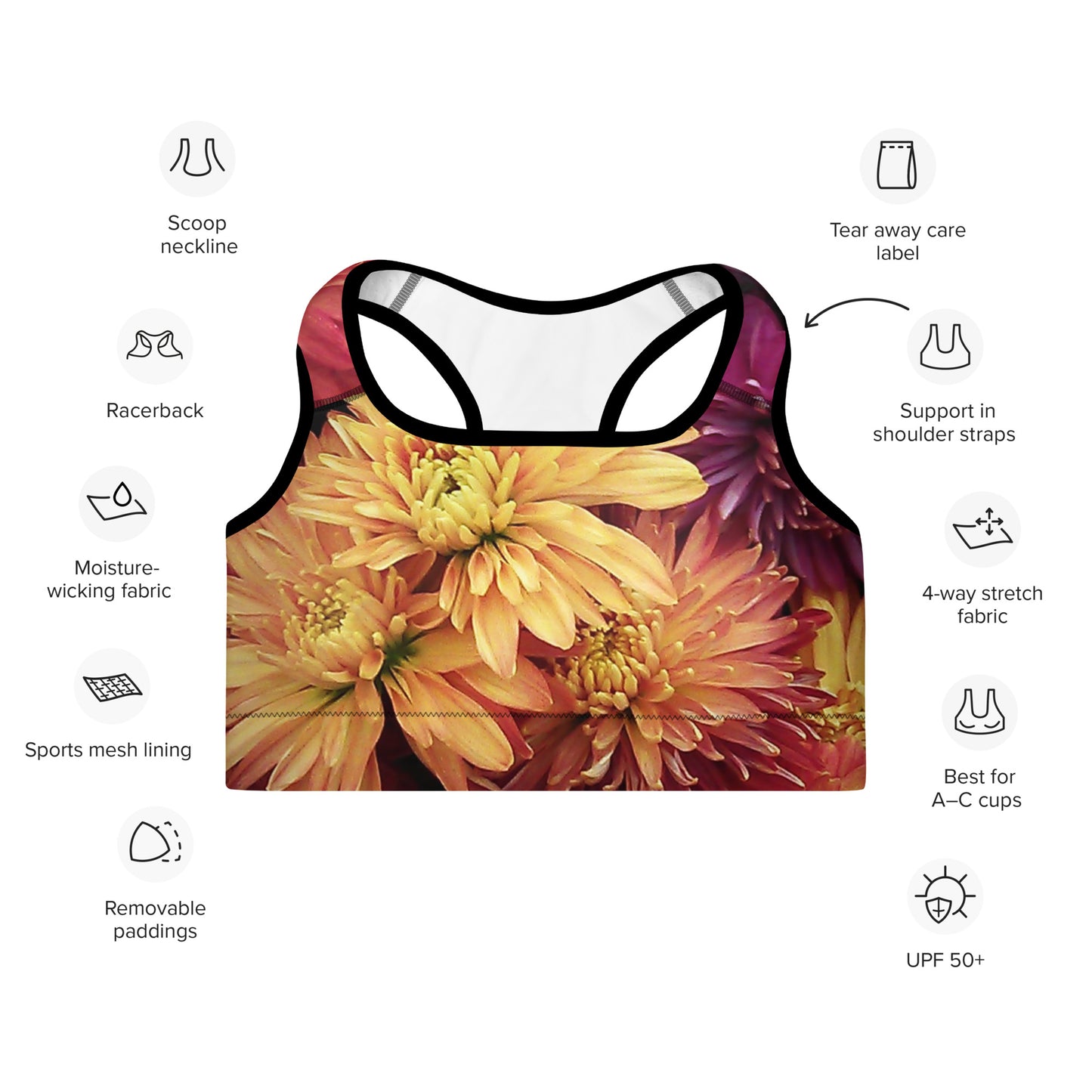 Padded Sports Bra - Fall Flowers Sports Bra Stylin' Spirit Black XS 