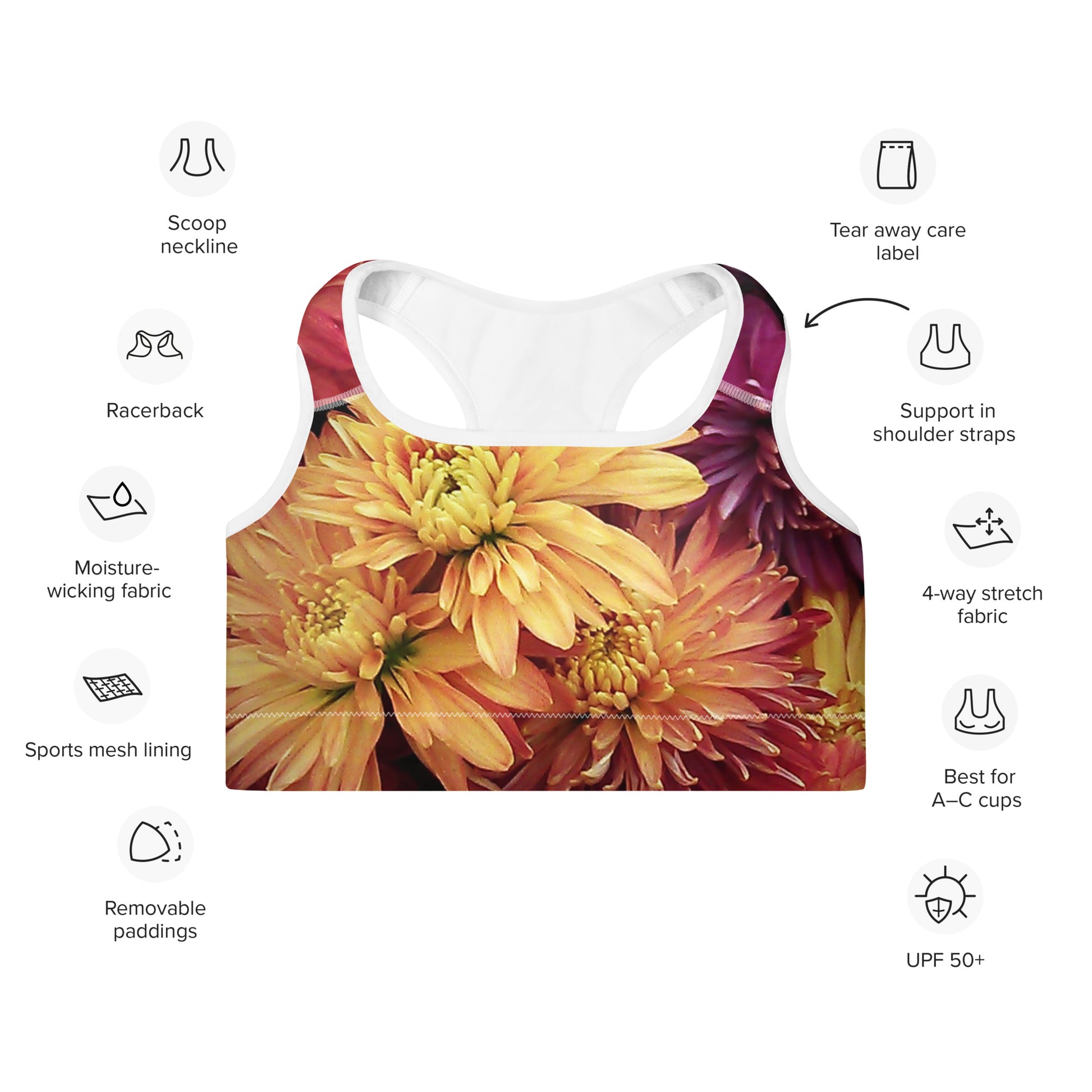 Padded Sports Bra - Fall Flowers Sports Bra Stylin' Spirit White XS 