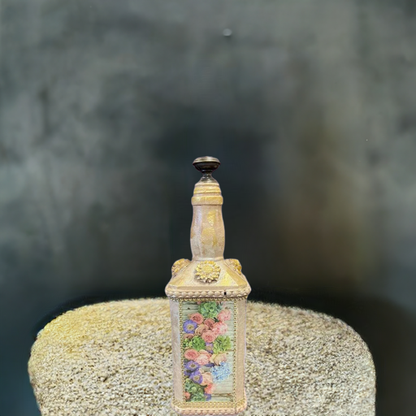 Decorative Bottle Stained Glass Hand Painted Upcycled Shabby Chic Flowers Tan & Pink - Stylin Spirit