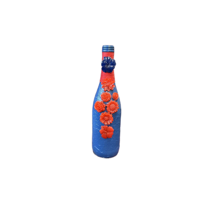 Decorative Wine Bottle Royal Blue Textured Finish & Red Resin Flowers - Stylin Spirit