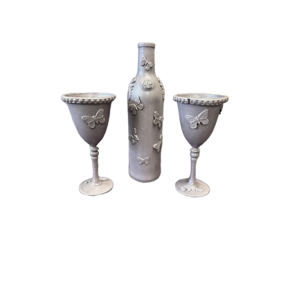 Decorative Glass Bottle in a gray textured paint & matching goblets glasses