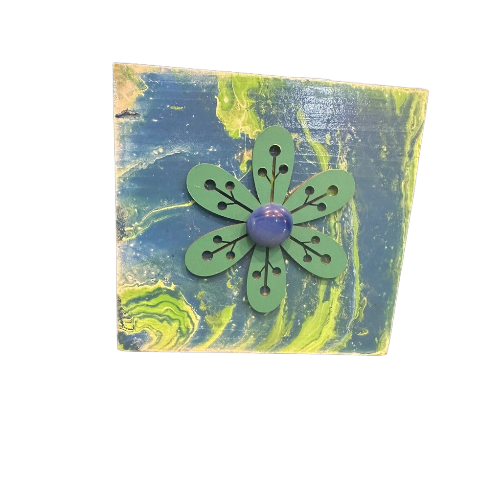 6x6 Inch Wood Refrigerator Magnet Blue Yellow Green Paint Pour With Flower