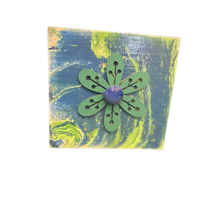 6x6 Inch Wood Refrigerator Magnet Blue Yellow Green Paint Pour With Flower