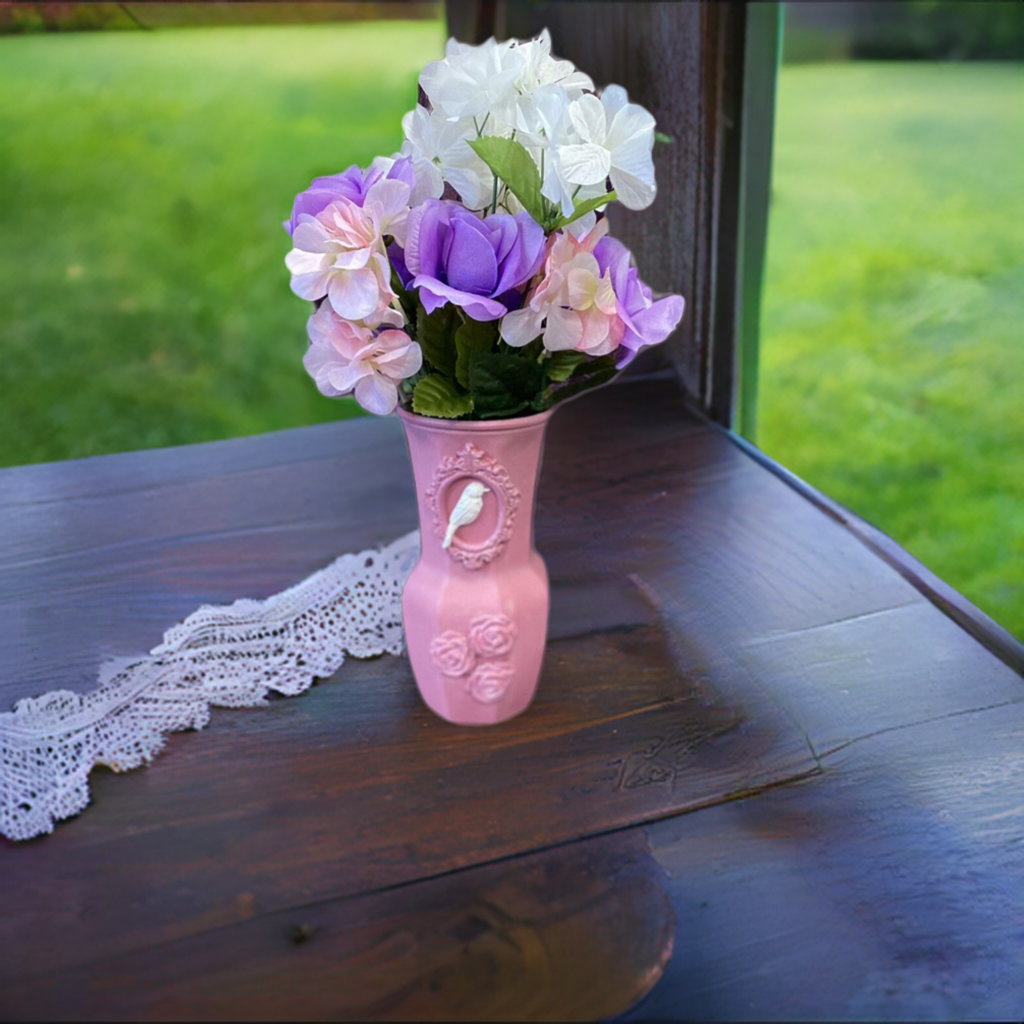 Custom Hand Painted Glass Vase Dusty Rose Pink Roses & White Bird