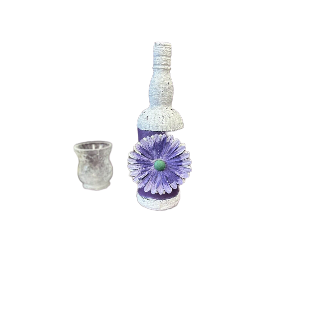 Decorative glass bottle deep purple textured paint & white crackle finish