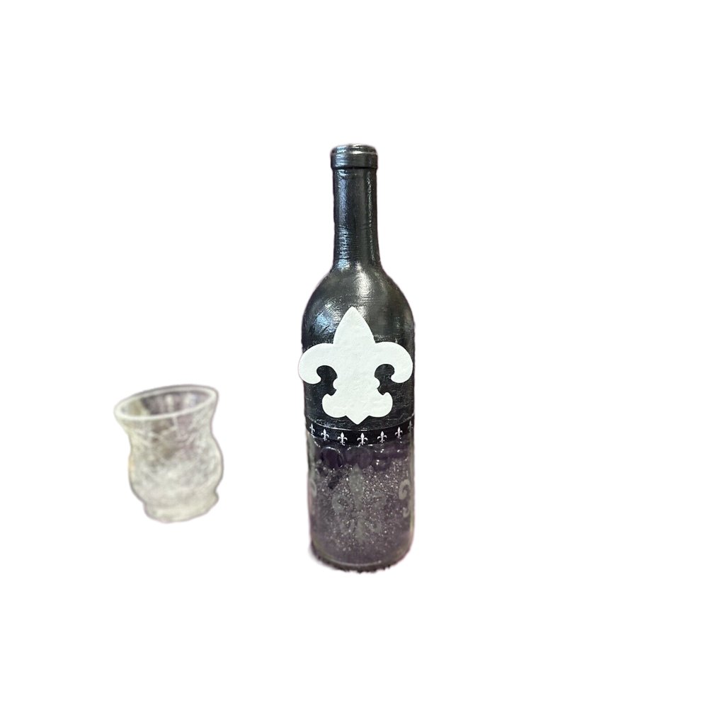 Decorative Glass Wine Bottle Black Hand Etched Filled with sand & glass beads