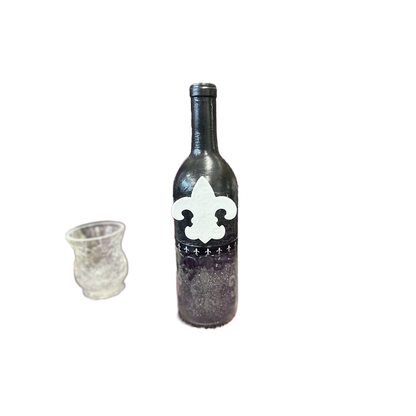 Decorative Glass Wine Bottle Black Hand Etched Filled with sand & glass beads