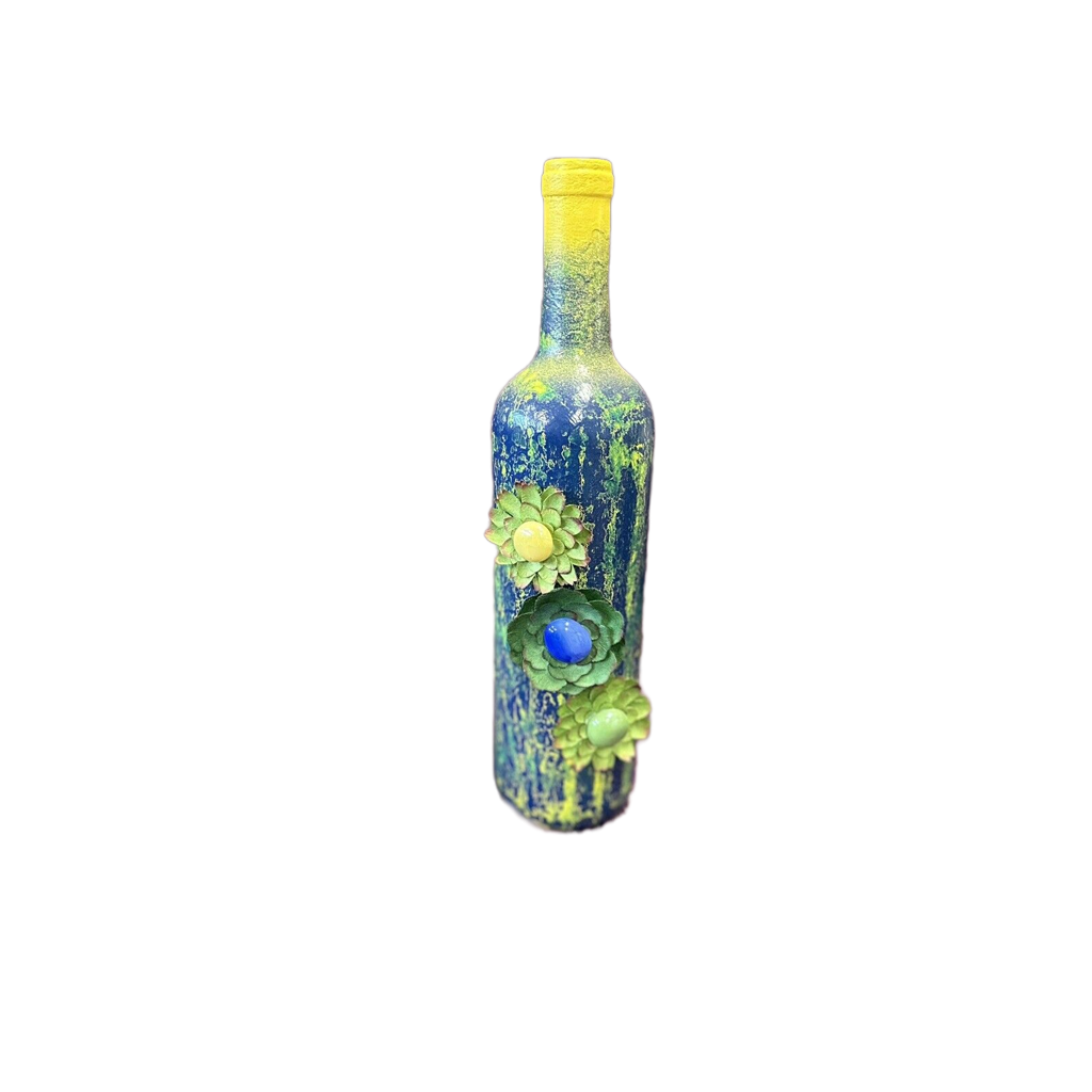 Decorative Wine Bottle Blue Green Yellow crackle finish & silk flowers