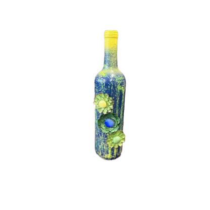 Decorative Wine Bottle Blue Green Yellow crackle finish & silk flowers