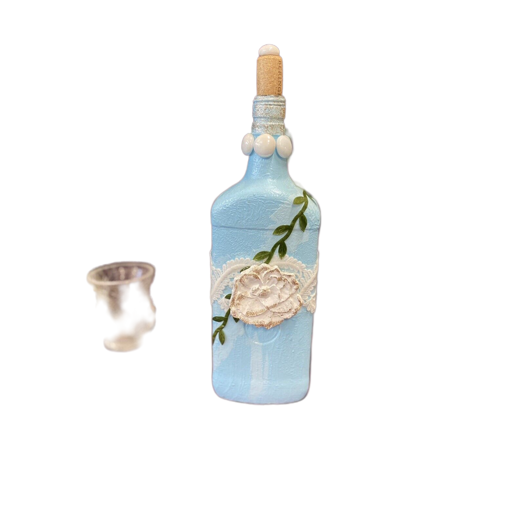 Decorative Bottle Stained Glass Hand Painted Upcycled Blue White Flowers Lace - Stylin Spirit