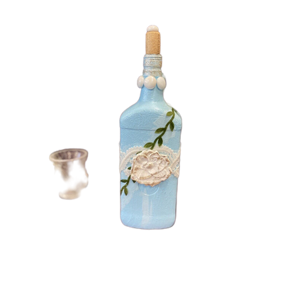 Decorative Bottle Stained Glass Hand Painted Upcycled Blue White Flowers Lace - Stylin Spirit