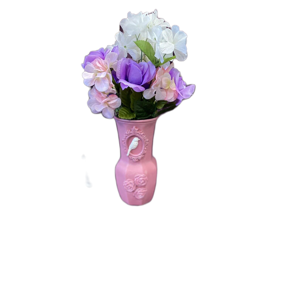 Custom Hand Painted Glass Vase Dusty Rose Pink Roses & White Bird