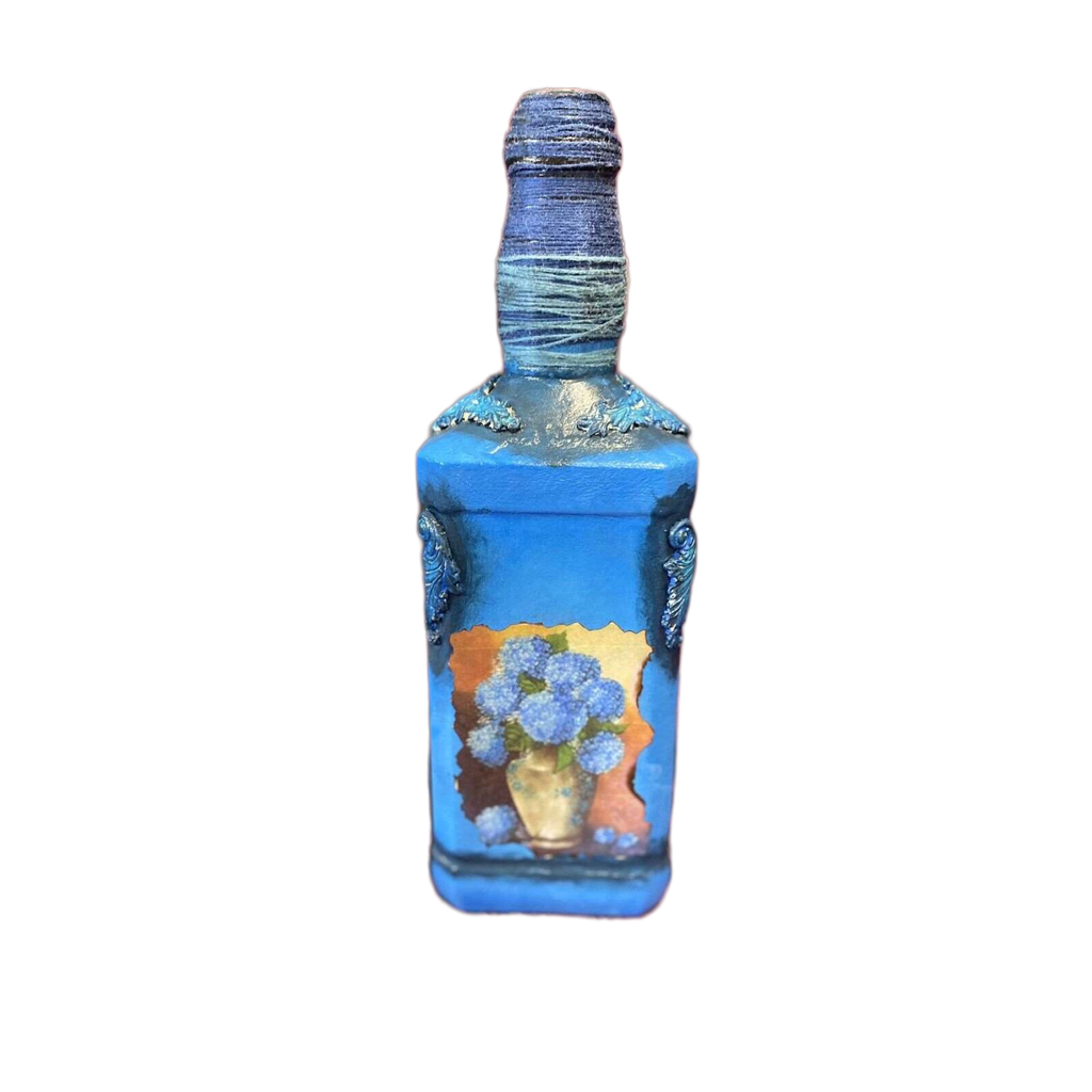 Decorative Jack Daniel’s Bottle Stained Glass Hand Painted Decoupage Royal Blue