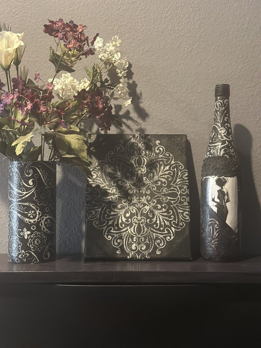 Hand Painted Glass Bottle Vase & Picture Black & White Collection - Stylin Spirit