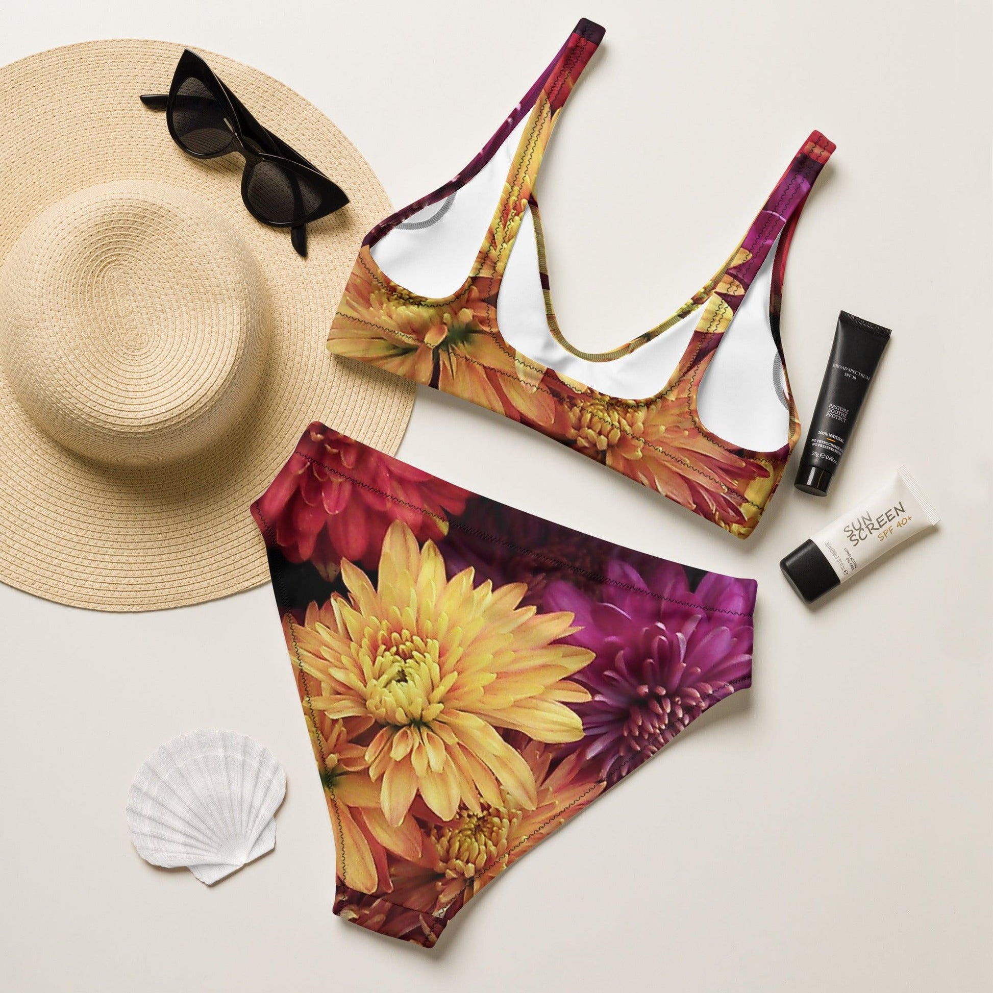 Recycled high - waisted bikini - Fall Flowers - Stylin Spirit