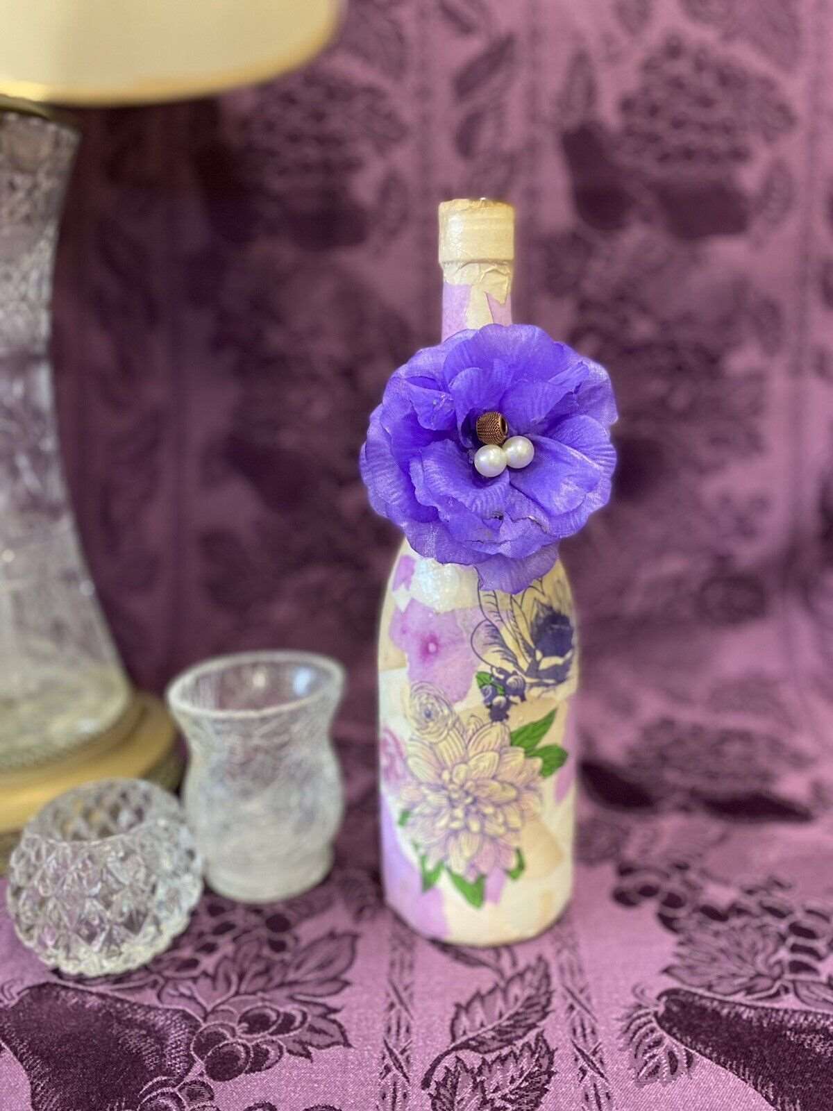 Decorative Wine Bottle Stained Glass Hand Painted Upcycled Purple Rose Flowers.