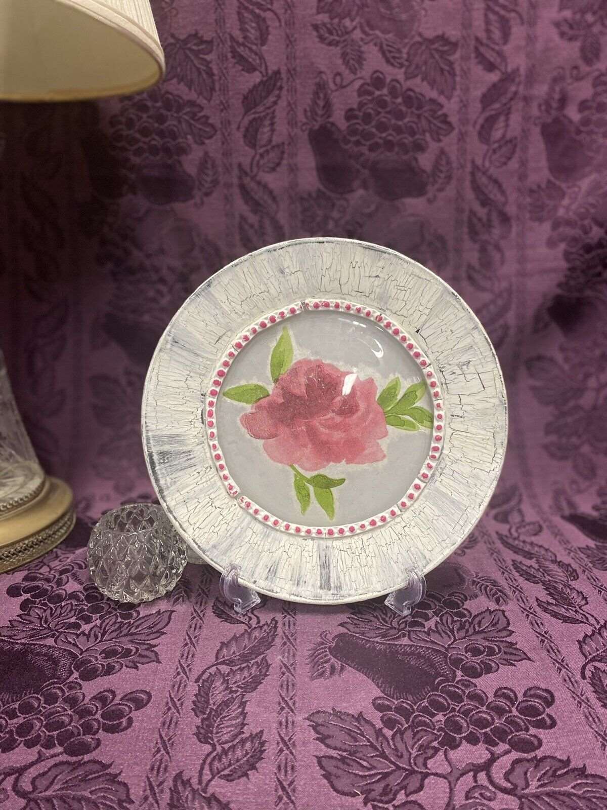 Hand Painted & Decoupage Decorative Plate With Crackle Finish & Pink Rose.