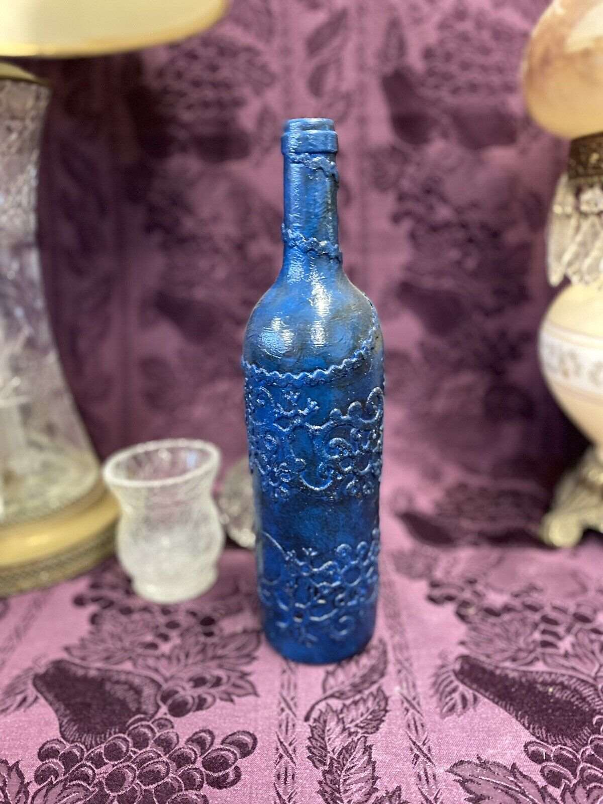 Decorative Wine Bottle Stained Glass Hand Painted Upcycled Shabby Chic Navy Blue Decorative Bottle Stylin' Spirit   