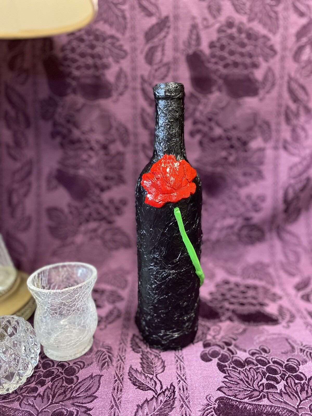 Decorative Wine Bottle Stained Glass Hand Painted Upcycled Black Red Clay Rose Home & Garden:Home Décor:Decorative Accessories:Bottles Stylin' Spirit   