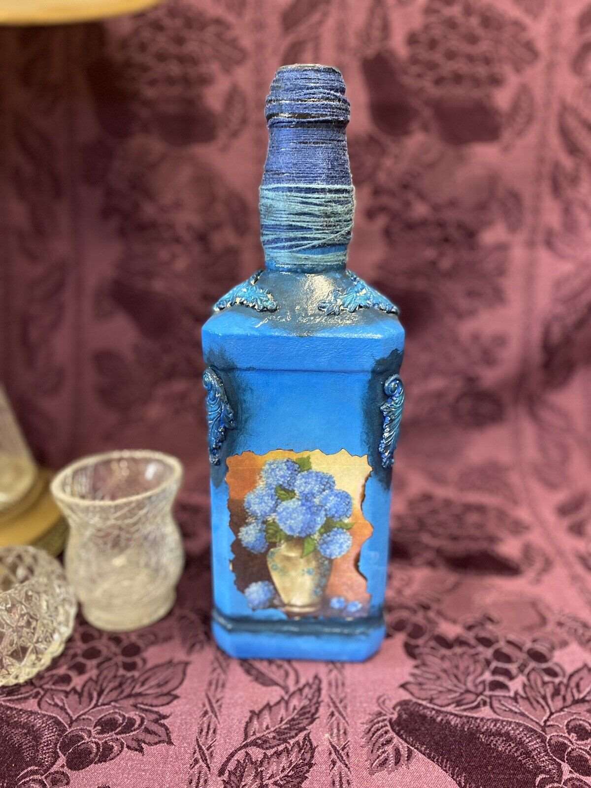 Decorative Jack Daniel’s Bottle Stained Glass Hand Painted Decoupage Royal Blue.