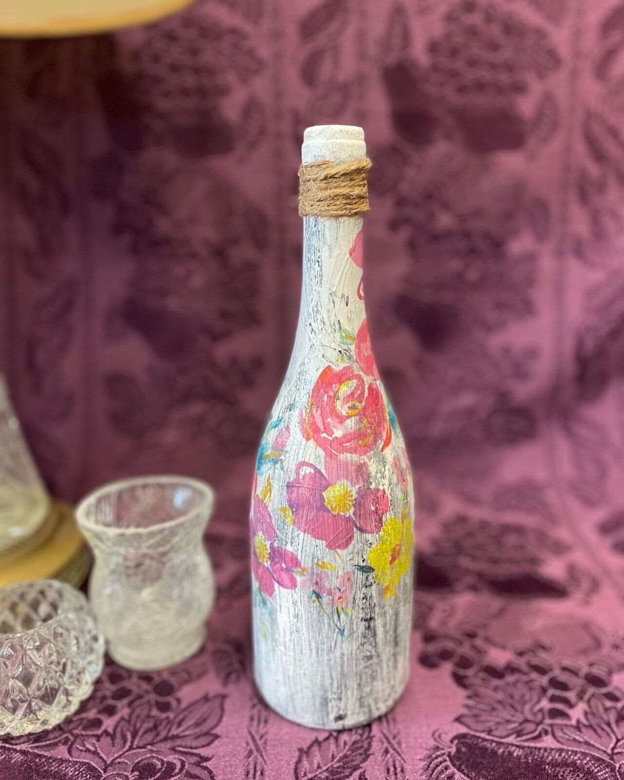 Decorative Wine Bottle Stained Glass Hand Painted Upcycled Shabby Chic Flowers White & Pink.