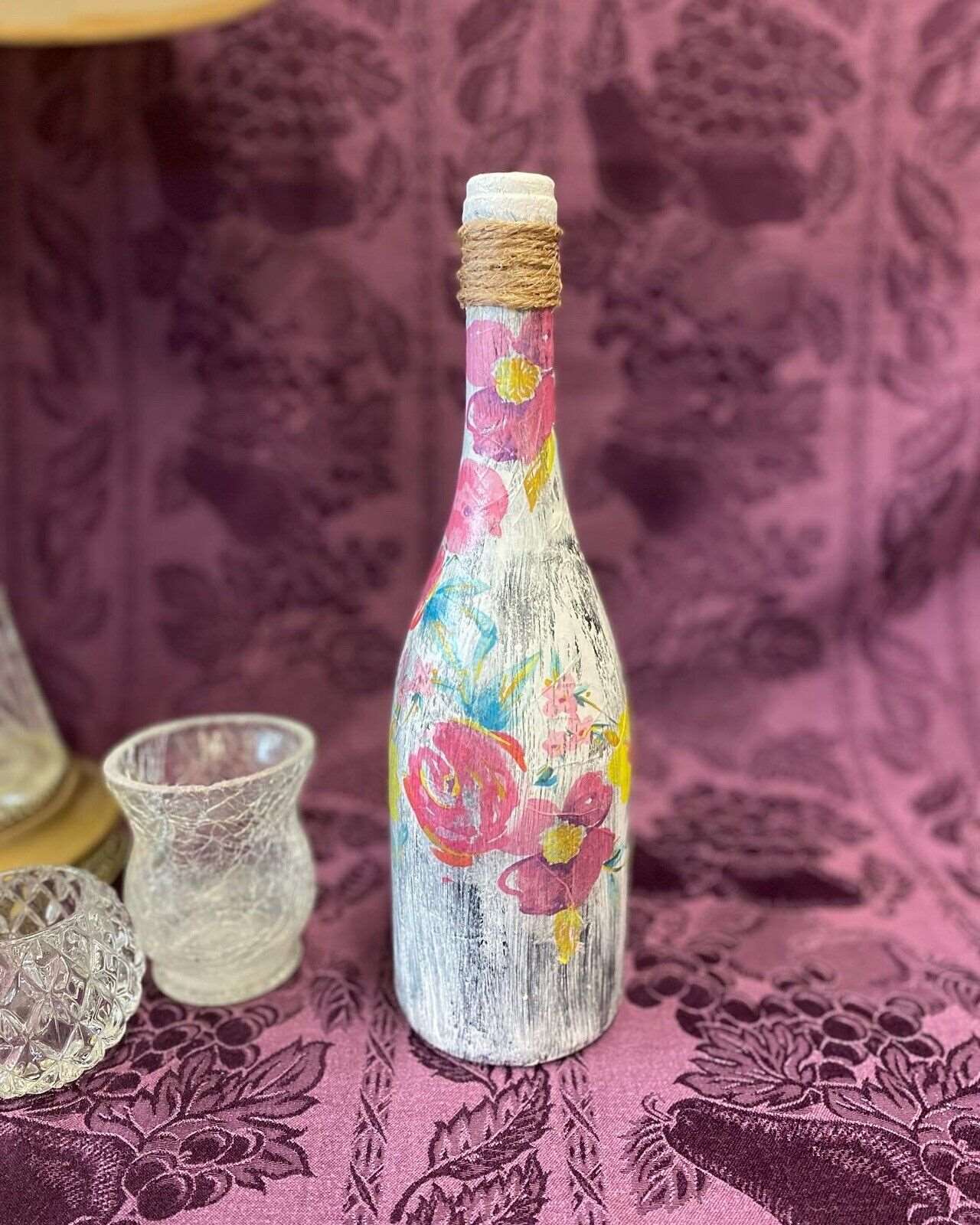 Decorative Wine Bottle Stained Glass Hand Painted Upcycled Shabby Chic Flowers Decorative Bottle Stylin' Spirit   