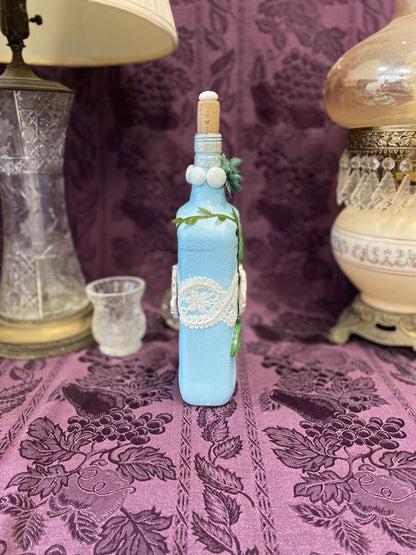 Decorative Bottle Stained Glass Hand Painted Upcycled Blue White Flowers Lace - Stylin Spirit