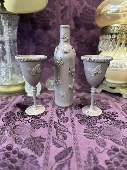 Decorative Glass Bottle in a gray textured paint & matching goblets glasses Decorative Bottles Stylin’ Spirit   