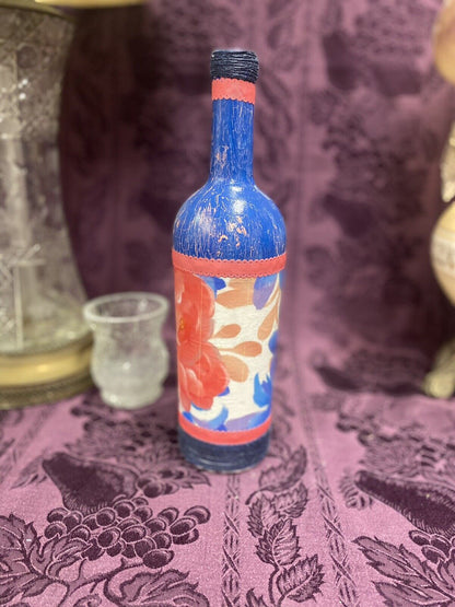 Decorative Wine Bottle Stained Glass Hand Painted Upcycled Blue Flowers Decorative Bottle Stylin’ Spirit   