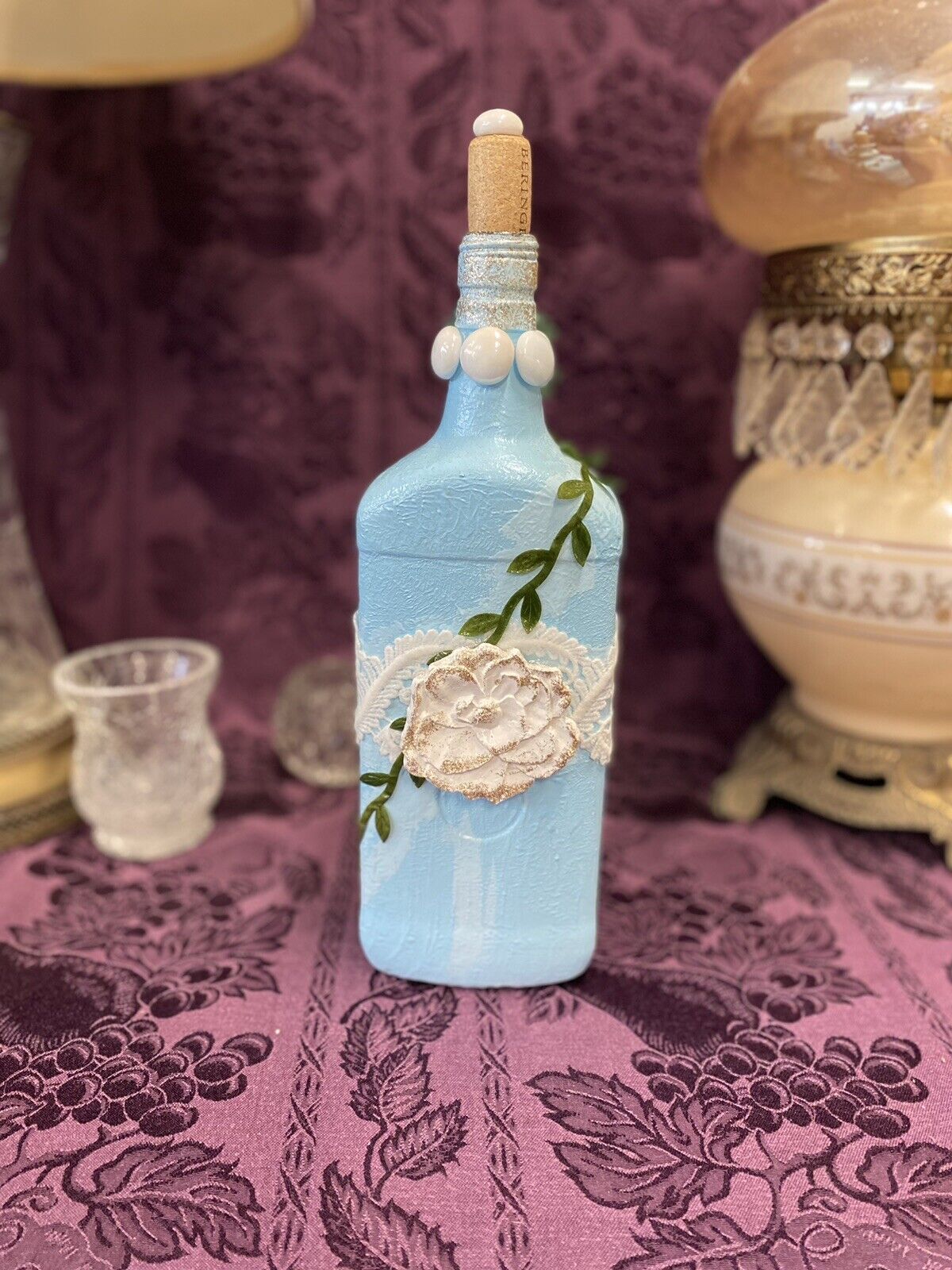 Decorative Bottle Stained Glass Hand Painted Upcycled Blue White Flowers Lace - Stylin Spirit