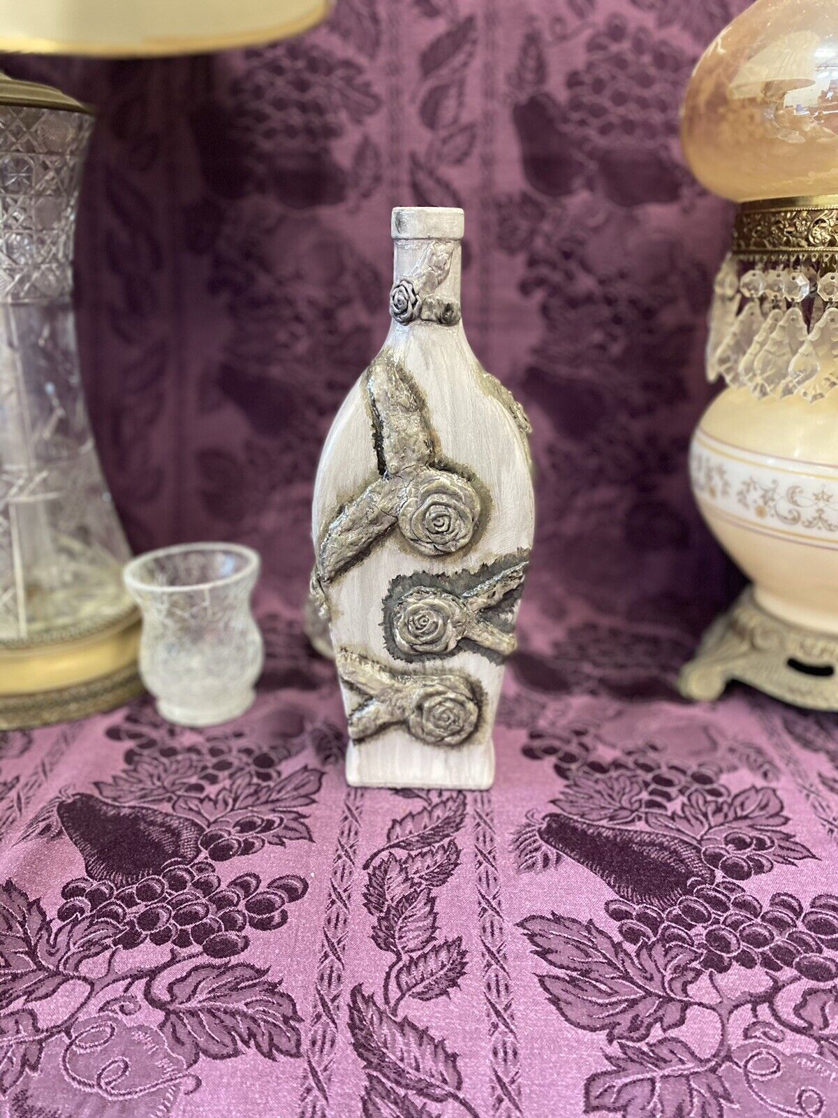 Decorative Wine Bottle Stained Glass Hand Painted Upcycled Aged Gray Roses Home & Garden:Home Décor:Decorative Accessories:Bottles Stylin’ Spirit   
