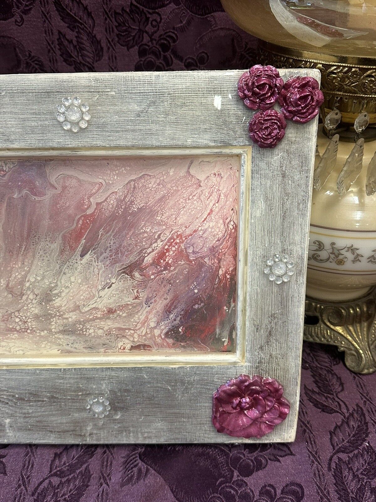 Repurposed Cabinet Door Hand Painted Sealed In Epoxy Pink White Rhinestone 16x12 Wood Wall Hanging Stylin' Spirit   