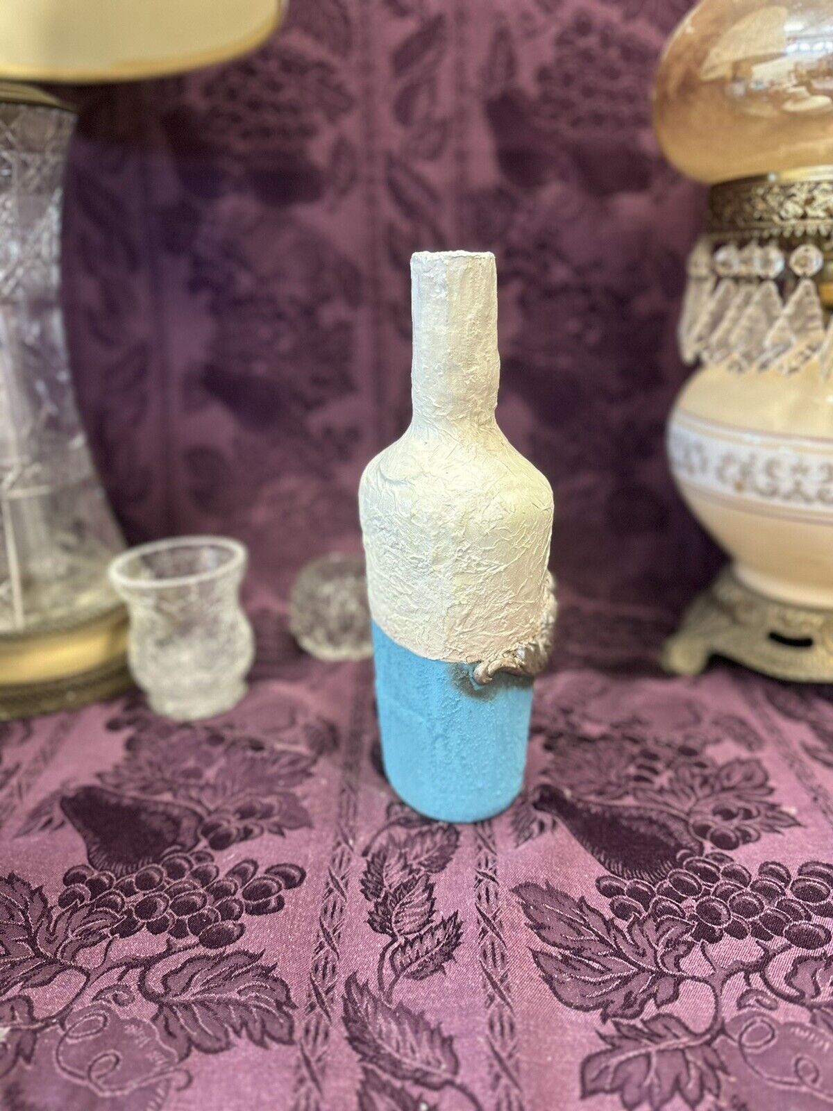 Decorative Glass Bottle hand painted teal aqua blue & aged white Decorative Bottles Stylin’ Spirit   