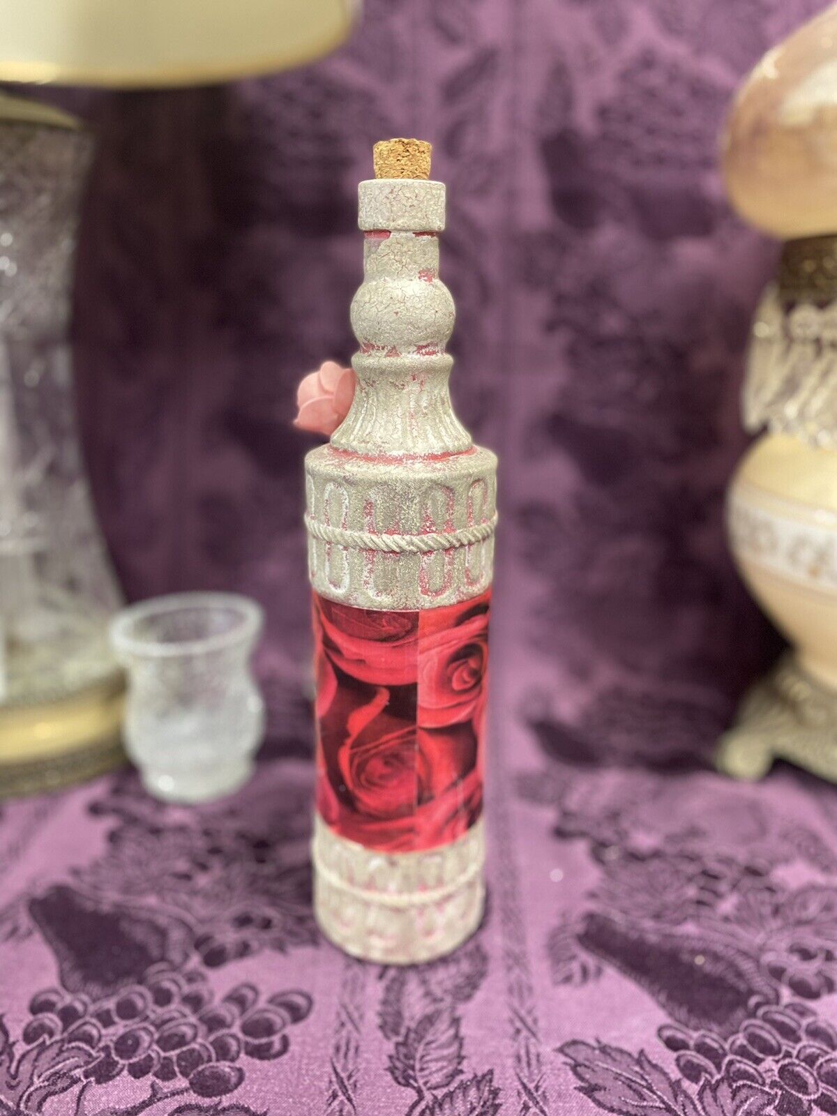 Decorative Wine Bottle Stained Glass Hand Painted Upcycled Pink Roses Decorative Bottle Stylin' Spirit   
