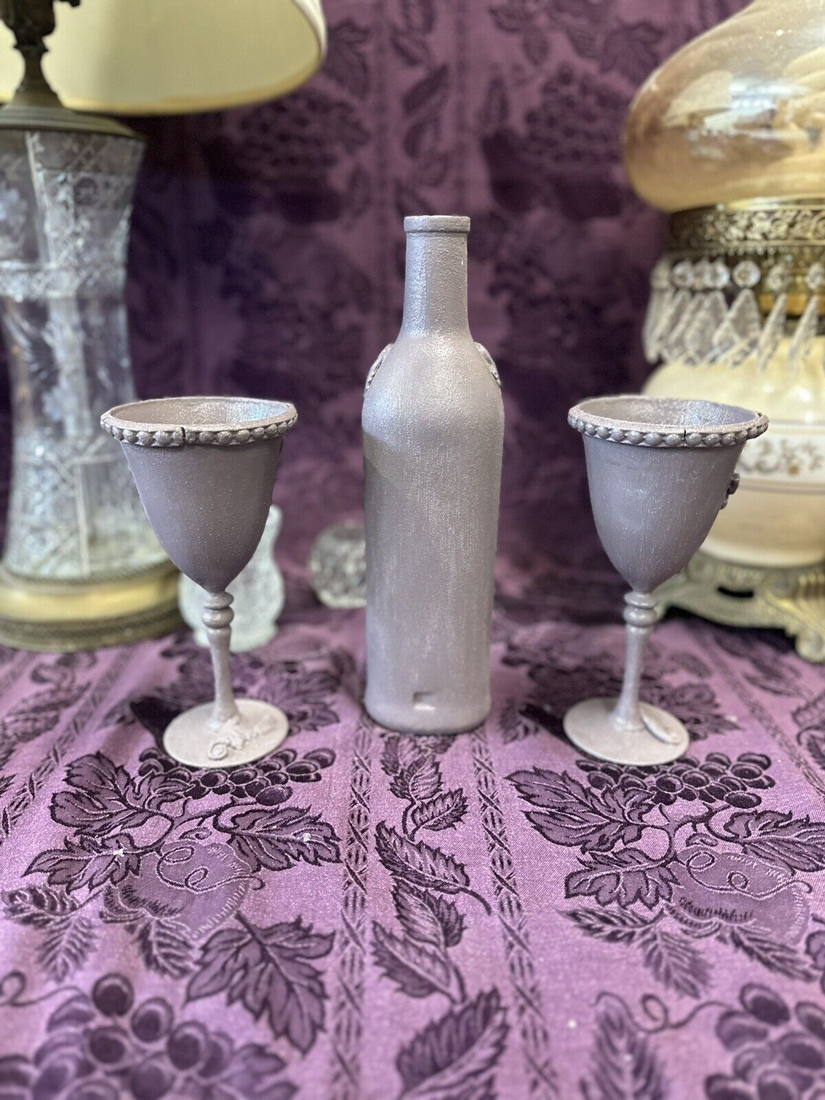 Decorative Glass Bottle in a gray textured paint & matching goblets glasses Decorative Bottles Stylin’ Spirit   