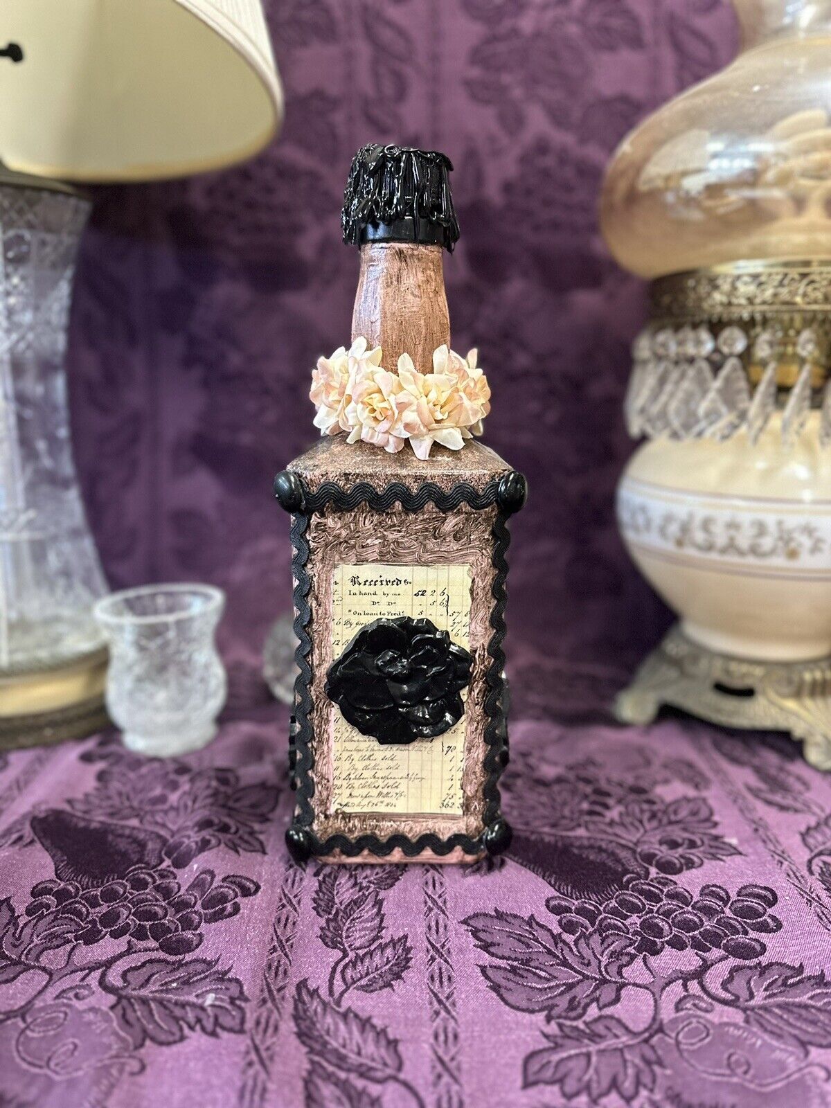 Decorative Jack Daniel’s bottle Black & Pink Roses Sheet Music Trim Decorative Bottle Stylin’ Spirit   