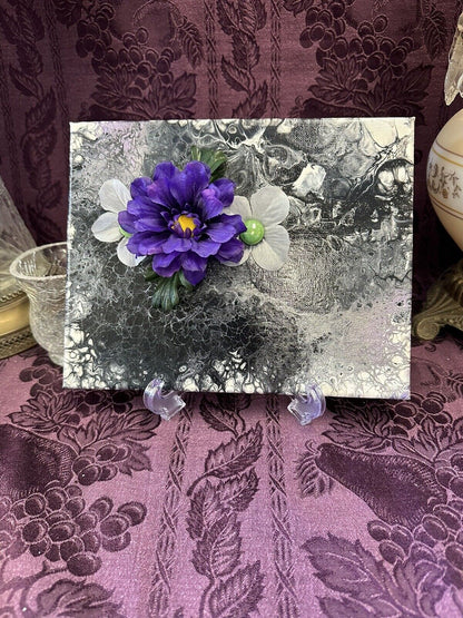 Hand painted Paint Pour 8 X 10 Black White Purple Flowers Wall Hanging Art Paintings Stylin' Spirit   