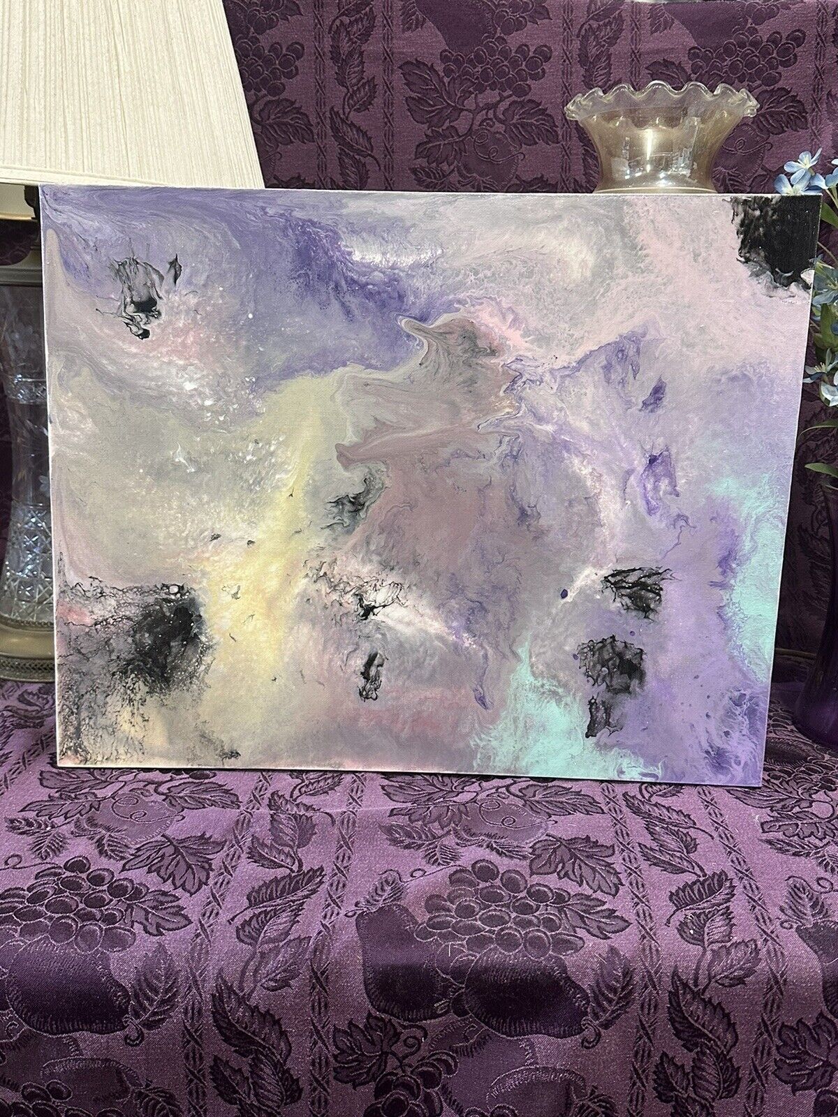 Hand painted Paint Pour 16x20 Pink Teal Gray Purple Black Wall Hanging Art Canvas Stylin' Spirit   