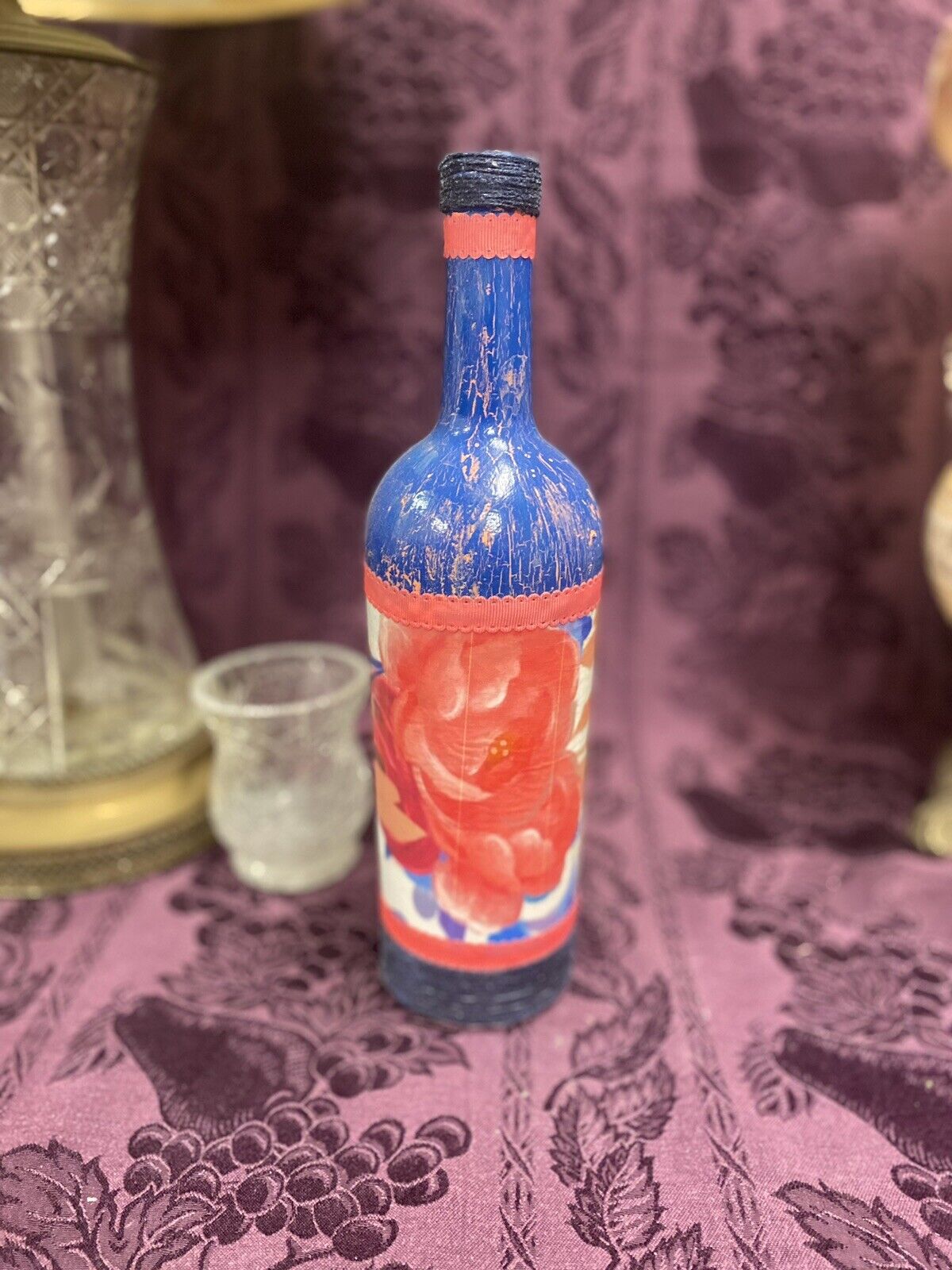 Decorative Wine Bottle Stained Glass Hand Painted Upcycled Blue Flowers Decorative Bottle Stylin’ Spirit   