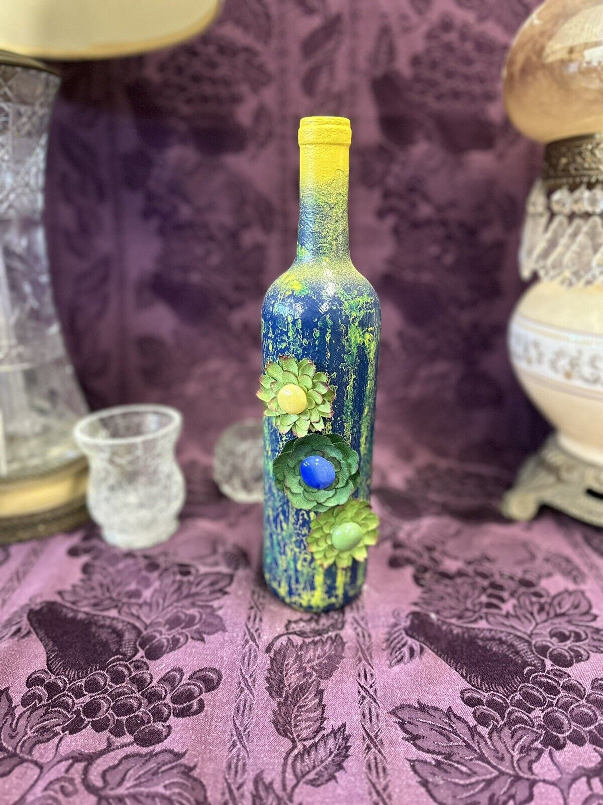 Decorative Wine Bottle Blue Green Yellow crackle finish & silk flowers Decorative Bottles Stylin’ Spirit   