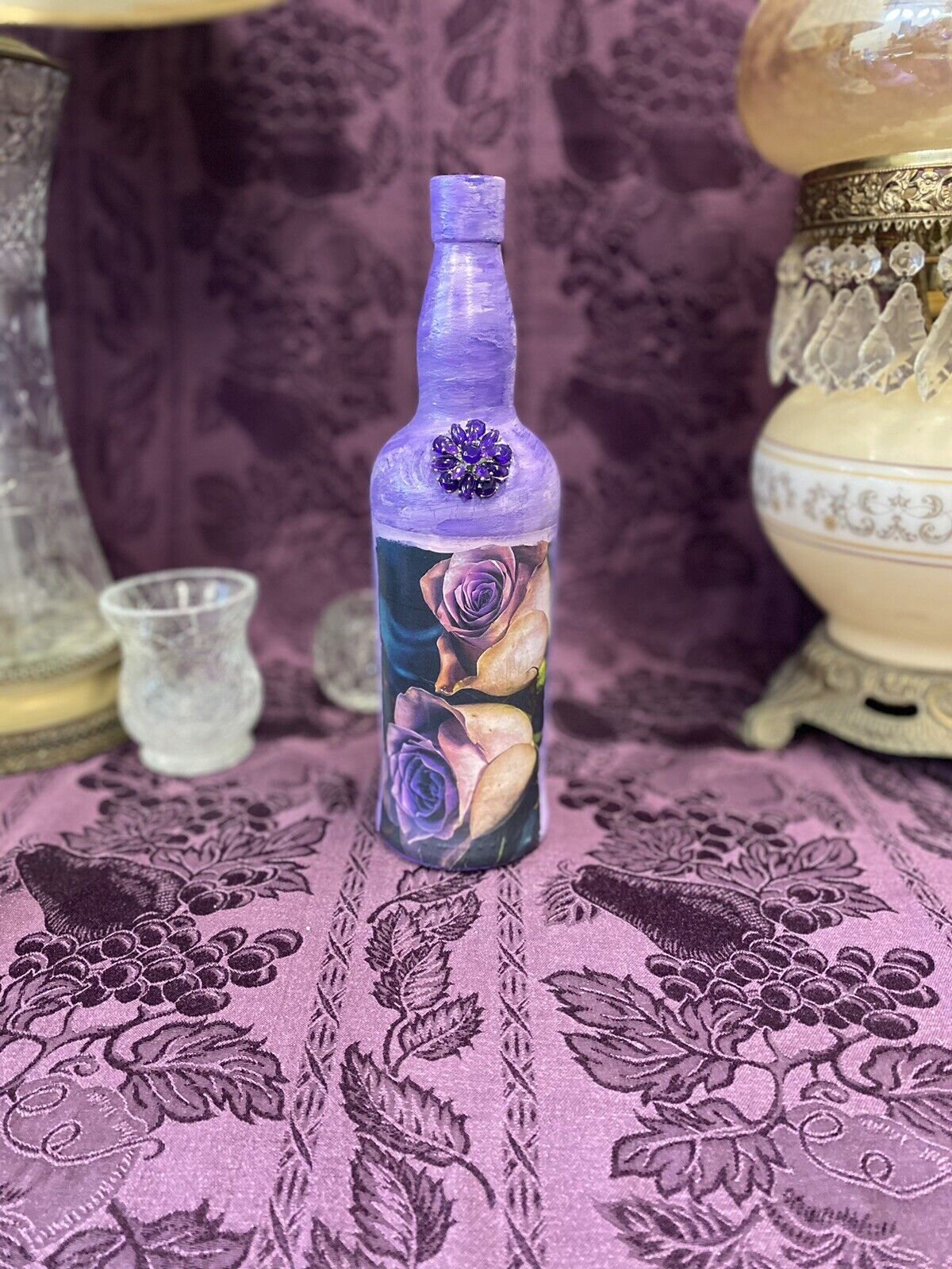Decorative Wine Bottle Stained Glass Hand Painted Upcycled Purple Lavender Roses Decorative Bottle Stylin’ Spirit   