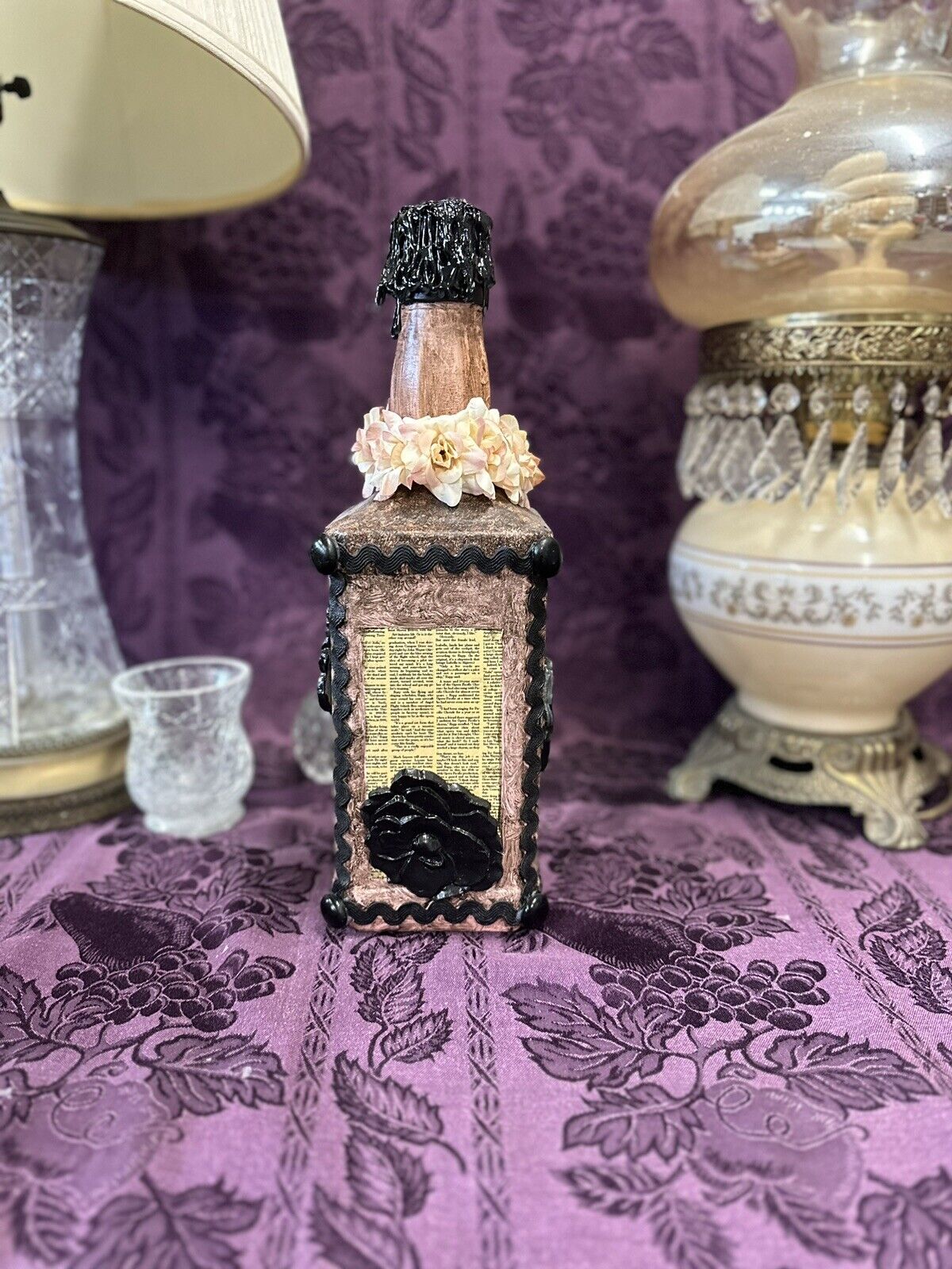 Decorative Jack Daniel’s bottle Black & Pink Roses Sheet Music Trim Decorative Bottle Stylin’ Spirit   