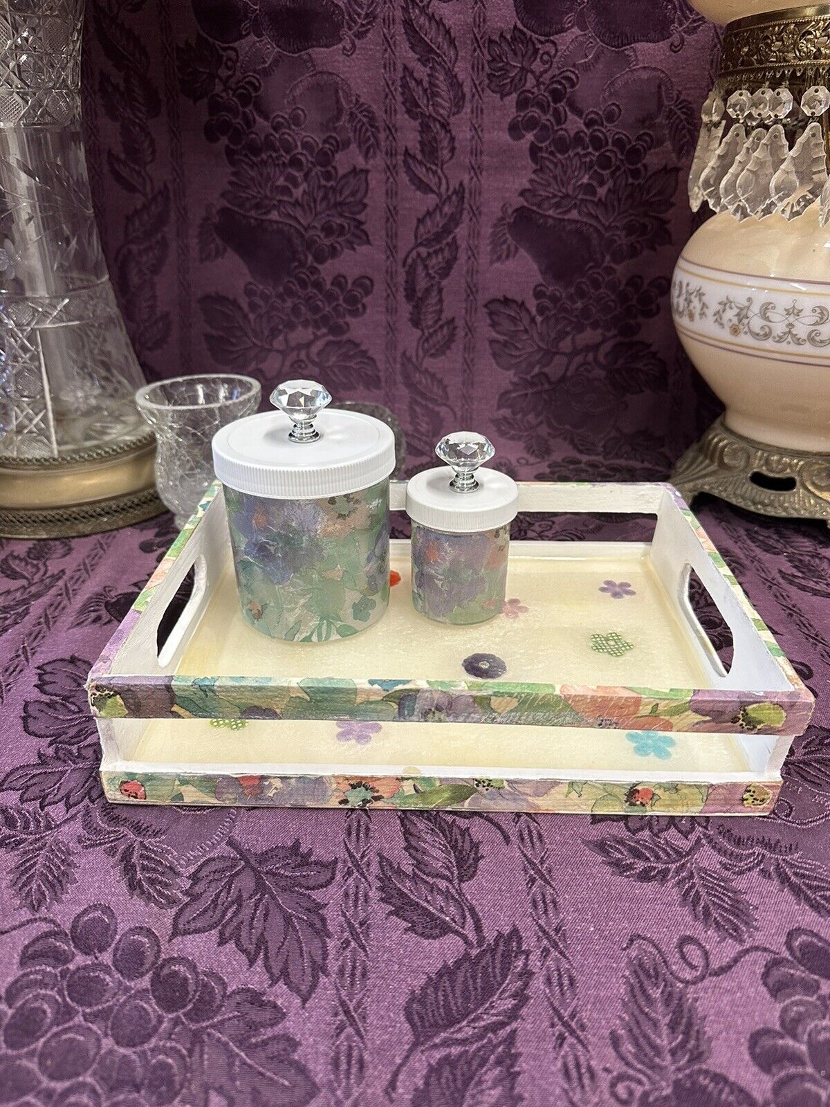 Custom Bathroom Vanity Tray With Matching Plastic Containers Crystal Knobs Bathroom Accessory Sets Stylin’ Spirit   