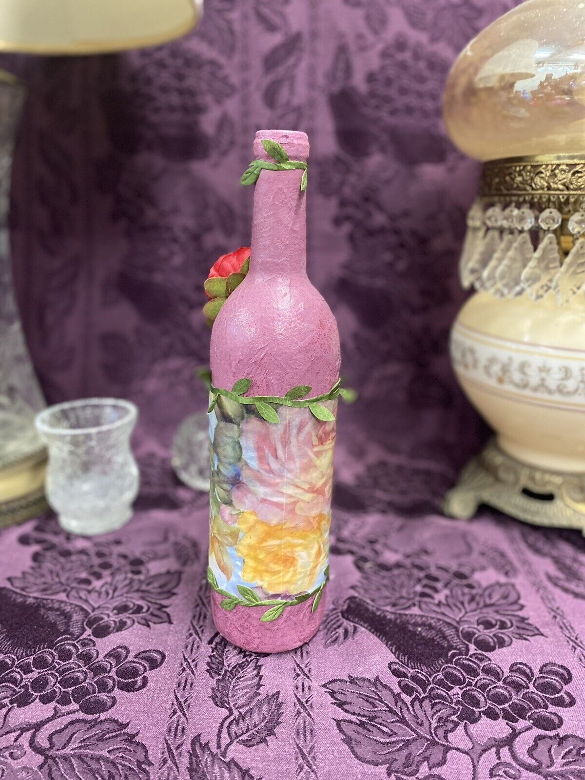 Decorative Wine Bottle Stained Glass Hand Painted Upcycled Pink Flowers Decorative Bottle Stylin' Spirit   