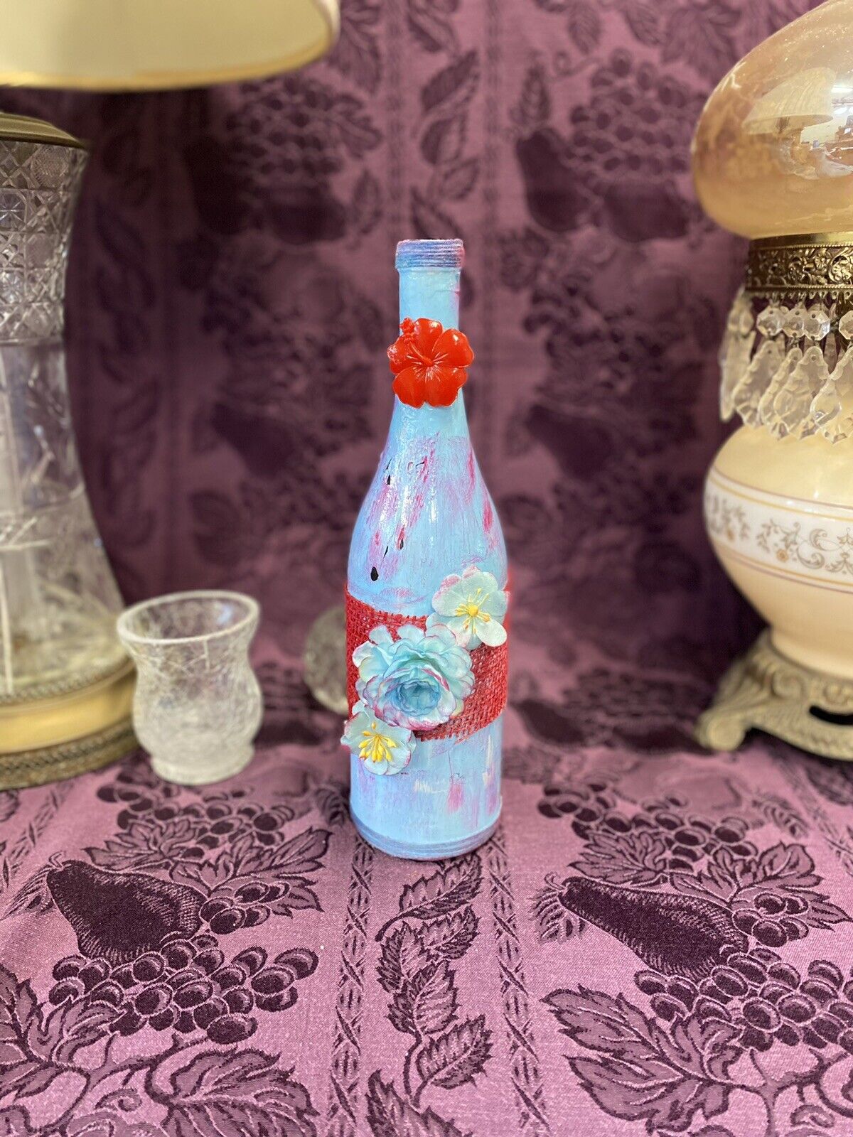 Decorative Wine Bottle Stained Glass Hand Painted Upcycled Baby Blue Red Home & Garden:Home Décor:Decorative Accessories:Bottles Stylin’ Spirit   