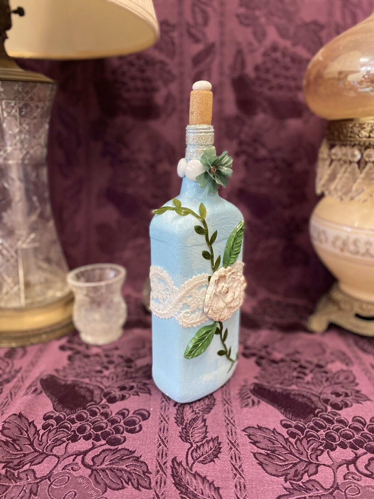 Decorative Bottle Stained Glass Hand Painted Upcycled Blue White Flowers Lace Home & Garden:Home Décor:Decorative Accessories:Bottles Stylin’ Spirit   