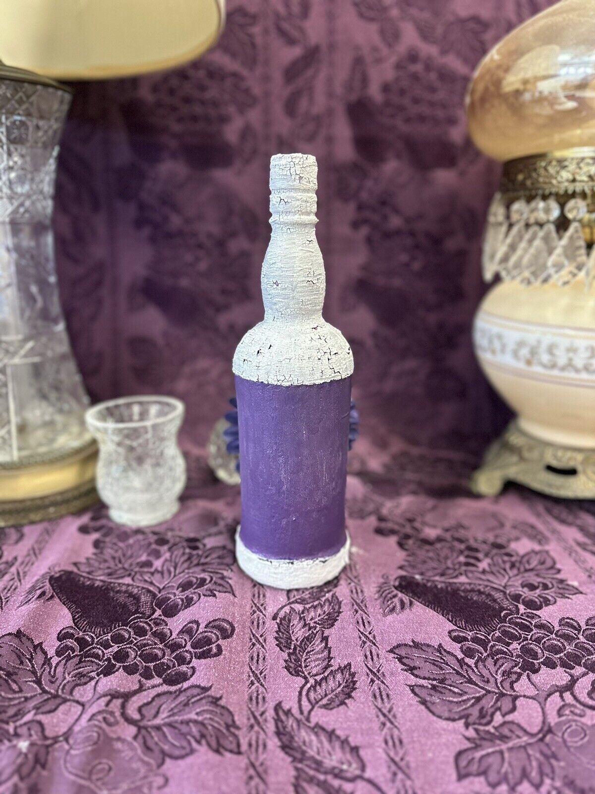 Decorative glass bottle deep purple textured paint & white crackle finish Decorative Bottles Stylin’ Spirit   